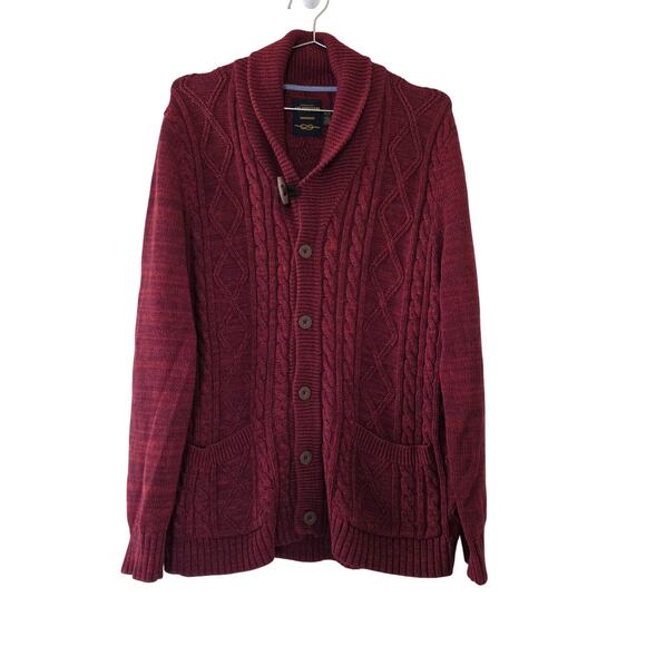 CPO Provisions Cable Knit Cardigan Sweater Red Men Size M Cotton Shawl Collar - Picture 1 of 11